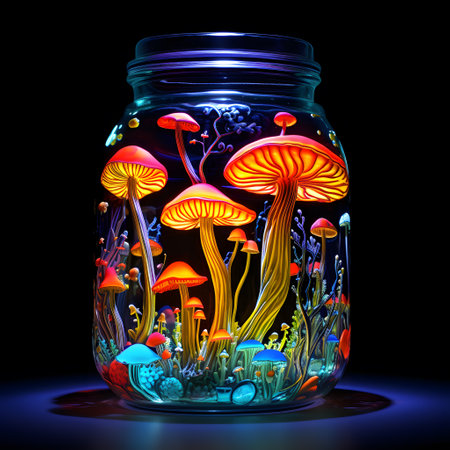Magic mushrooms in a glass jar on a black background. 3d renderingの素材