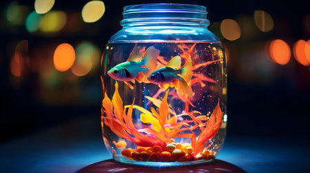 Goldfish in a glass jar with colorful bokeh background.の素材