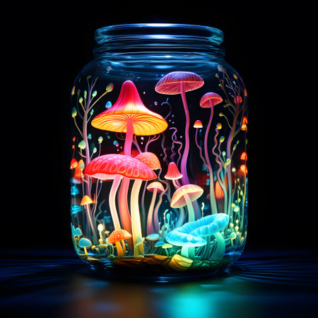 Glass jar with colorful mushrooms inside on dark background. 3d illustrationの素材