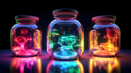3d render of a glass jar with a neon light inside.の素材