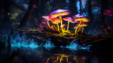 Magic mushrooms in the forest at night. Fantasy landscape with magic mushrooms.の素材