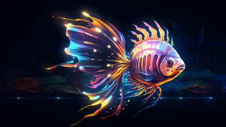 Beautiful colorful fish on dark background, 3d rendering. Computer digital drawing.の素材