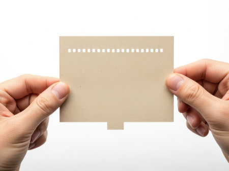 Hands holding a blank paper card with a holeの素材
