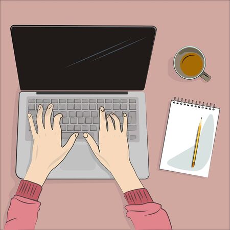 Human hands working on laptop computer.のイラスト素材