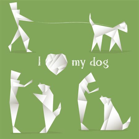 Vector Set of cartoon men playing with a dog on a green background. Made in the style of origami. Paper origami.のイラスト素材