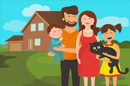 Happy family. Father, mother, son and daughter with a cat smile and look at the camera. In the background their new home. Vector illustration.のイラスト素材