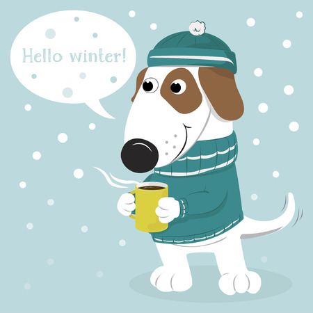 Winter card with cute cartoon dog warm hat and a sweater and coffee. On a blue background. Vector illustration.のイラスト素材