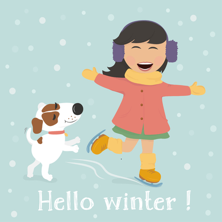 Girl ice skating with dogのイラスト素材