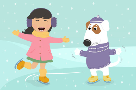 Girl ice skating with dog under the snow.のイラスト素材