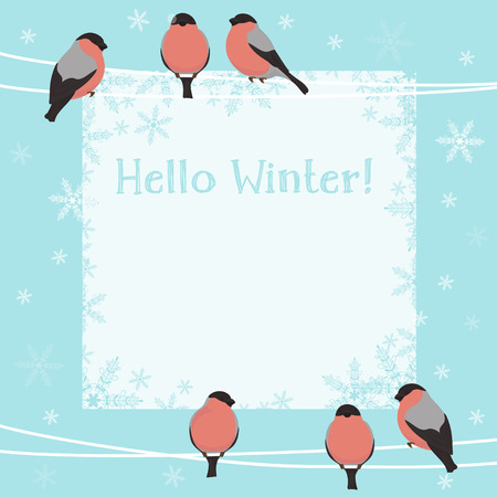 Christmas card. Birds bullfinches sitting on the wires . Mocap. Colorful vector illustrationのイラスト素材