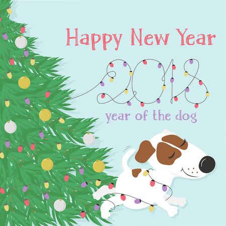 New 2018.Greetings with funny dog near decorated Christmas tree and Christmas lights. Colorful vector illustration in cartoon style.のイラスト素材
