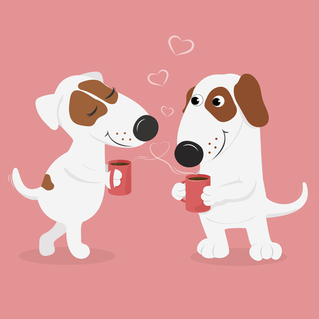 Sweet, loving white dogs drink hot coffee from large mugs. Pink background and hearts. Vector illustration.のイラスト素材