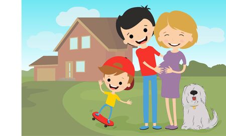 Happy family. Father, pregnant mother and son with a dog smile and look forward.のイラスト素材