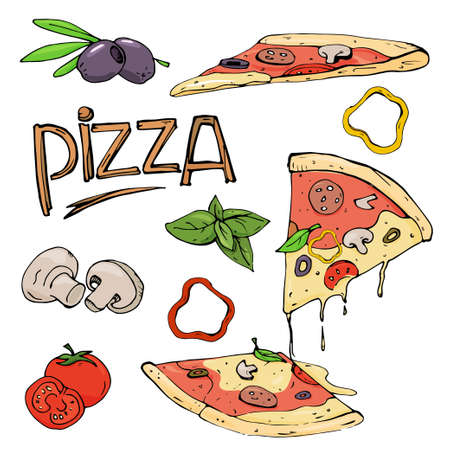 Pizza and ingredients on white background. Colorful vector illustration in sketch style.のイラスト素材
