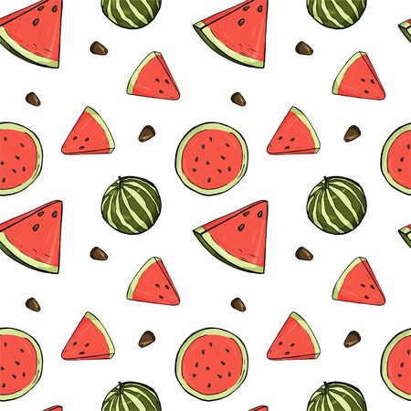 Seamless pattern with watermelons. Watermelon, slice of watermelon on white background. Colorful vector illustration in sketch style.のイラスト素材