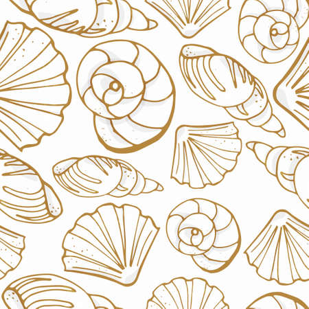 Seamless pattern from different kinds of sea shells. One-color silhouettes on white background. Vector illustration in sketch style.のイラスト素材