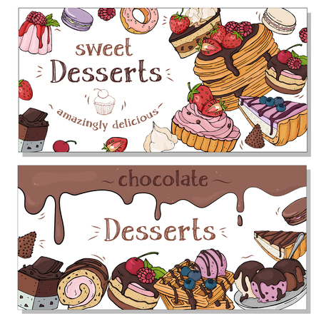 Collection of colorful flyers with different desserts.のイラスト素材
