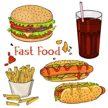 Set of hand-drawn fast food. Eating fast food for menus, and advertising or packaging. Sketch. Vector designのイラスト素材