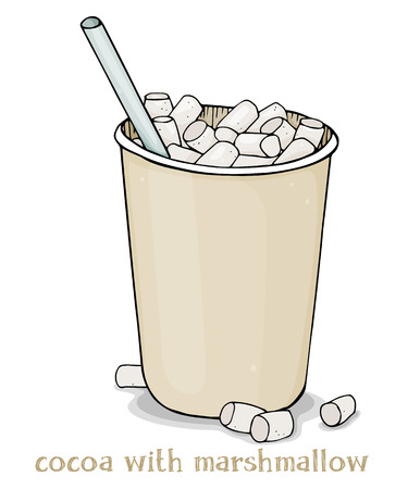 Paper Cup with hot cocoa to take away and marshmallow. Colorful vector illustration on white background.のイラスト素材