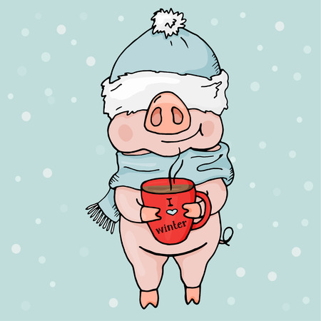New 2019. Chinese year of the pig. A postcard with a funny pig in hat and a scarf with a Cup of coffee. Colorful vector illustration in sketch style.のイラスト素材