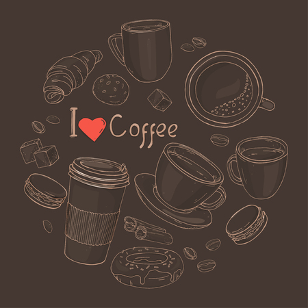 Set with the theme of coffee in the form of a circle. Cups with coffee, pastries, sweets and coffee beans. Without color, the outline drawing on a dark background. Vector illustration in sketch style.のイラスト素材