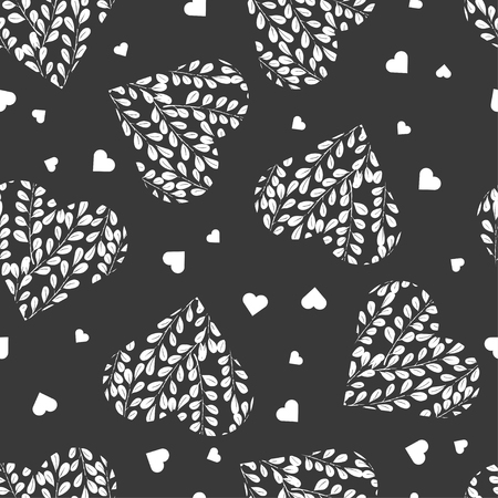 Seamless pattern with white hearts on dark background. Branches with leaves in the heart. Romantic Wallpaper, textiles, clothing, wrapping paper. Monochrome illustration.のイラスト素材