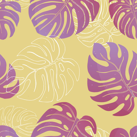 Seamless pattern with tropical monstera leaves on yellow background. Colorful vector illustration in sketch style.のイラスト素材
