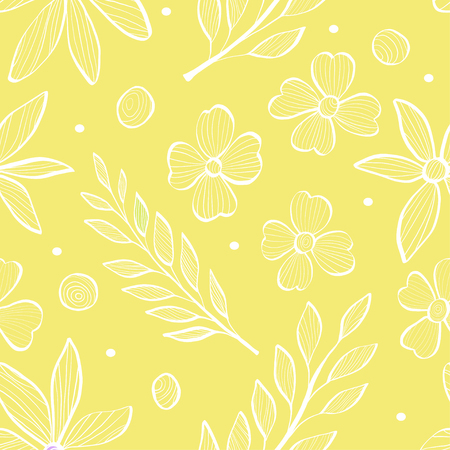 Seamless pattern with branches of leaves and flowers in the style of the sketch. Monochrome vector illustration on yellow background.のイラスト素材