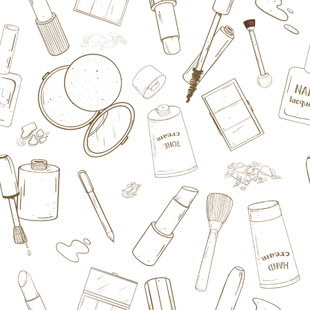 Seamless pattern with female cosmetics. Decorative cosmetics for face and nails. Monochrome vector illustration in sketch style. For beauty, fashion magazine, print media, web apps, mobile apps.のイラスト素材