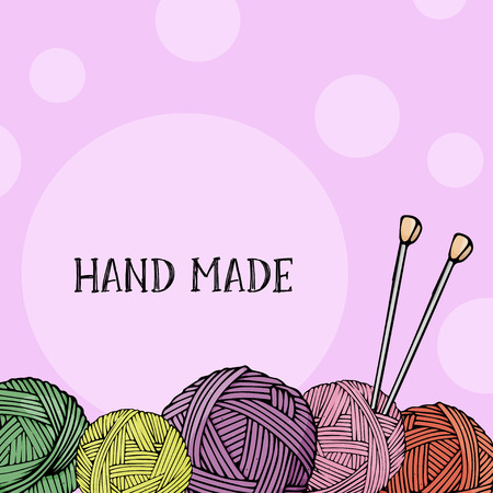 Template with balls of wool for knitting and knitting needles. Colorful vector illustration in sketch style. Layout. Frame for your text.のイラスト素材