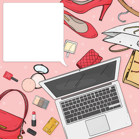 Online store desktop concept with laptop, Desk, bags, credit cards, cosmetics and shoes. Credit card payment. The view from the top. Mock up. Template.のイラスト素材
