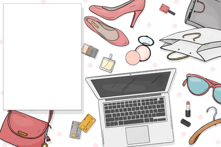 Online store desktop concept with laptop, Desk, bags, credit cards, cosmetics and shoes. Credit card payment. The view from the top. Mock up. Template.のイラスト素材