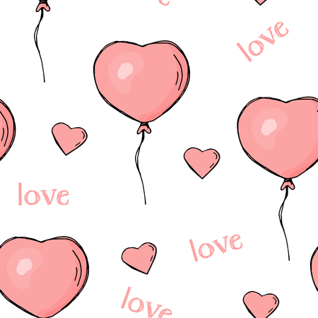 Seamless pattern with heart-shaped balloons and hearts. Colorful vector illustration in sketch style. Valentine's day.のイラスト素材