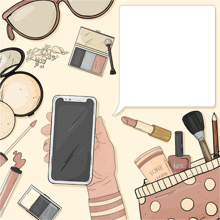 Hand with a smartphone and colorful items of women's cosmetics. Decorative cosmetics for face and nails. For beauty, fashion magazine, print media, web apps, mobile apps. Mock up. Template.のイラスト素材