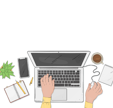 Person works at the laptop. Hands on the computer keyboard and mouse. The view from the top. Colorful vector illustration in sketch style.のイラスト素材