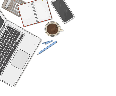 Laptop, phone, Cup of coffee, a notebook and a flower on your desktop the top view. Colorful vector illustration in sketch style. Template. Mock up.のイラスト素材
