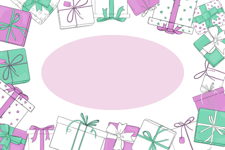 Frame with gift boxes. Vector illustration in sketch style. Boxes are tied with ribbons. Template. Mock up. Horizontally.のイラスト素材