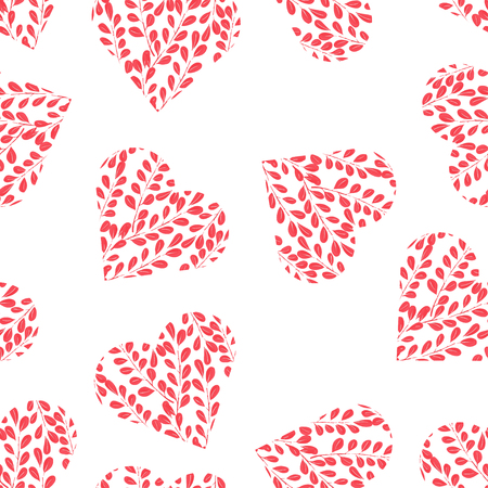 Seamless pattern with pink hearts on white background. Branches with leaves in the heart. Romantic wallpaper, textile, clothes, wrapping paper.のイラスト素材