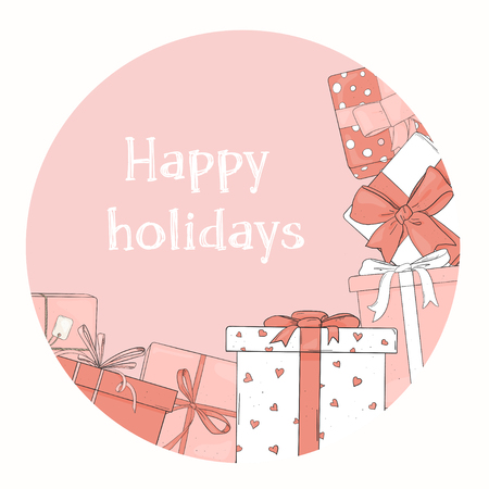 Frame is in the form of a circle with gift boxes of white and pink colors.のイラスト素材