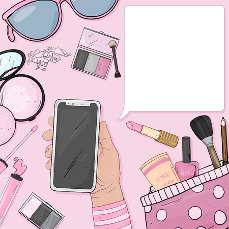 Hand with a smartphone and colorful items of women's cosmetics. Decorative cosmetics for face and nails. For beauty, fashion magazine, print media, web apps, mobile apps. Mock up. Template.のイラスト素材