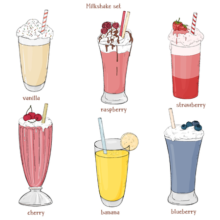 Set of refreshing summer drinks. Milkshakes of fruits and berries on white background. Colorful vector illustration in sketch style.のイラスト素材