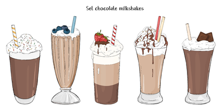 Set of refreshing summer drinks. Various milkshakes with chocolate on white background. Colorful vector illustration in sketch style.のイラスト素材