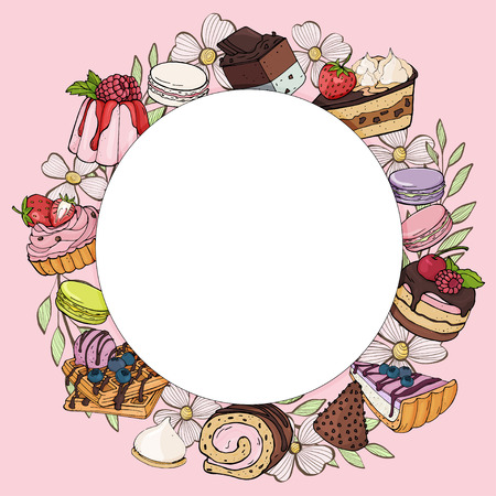 Round frame with desserts for your text. Colorful, bright, stylish sweets and desserts. Vector illustration in sketch style. Mock up, template. For flyers, web site, applications, postcards, posterのイラスト素材