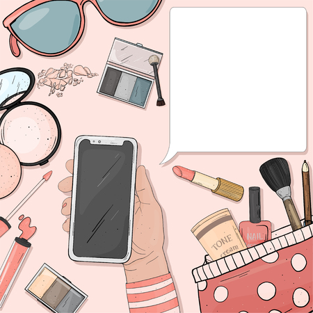 Hand with a smartphone and colorful items of women's cosmetics. Decorative cosmetics for face and nails. Vector illustration with copy space for your text. For beauty, fashion magazine, print media, web apps, mobile apps.のイラスト素材