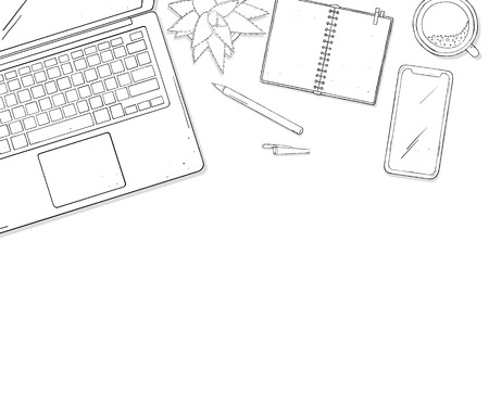 Laptop, phone, Cup of coffee, a notebook and a flower on desktop with copy space. Colorless vector illustration in sketch style. Template.のイラスト素材