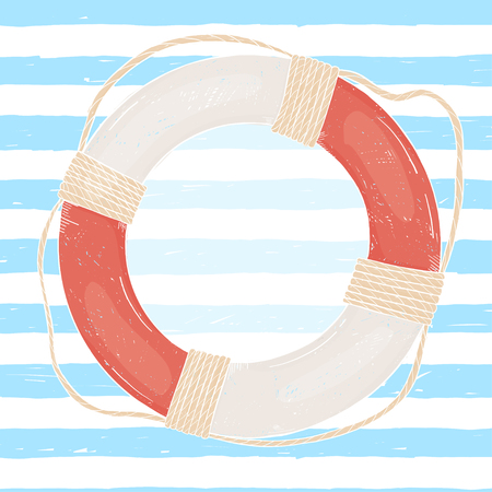 life ring on the background of marine strips hand-drawn. Space for your text on the sea theme. Blue and white striped background. Vector illustration in sketch style. Template.のイラスト素材