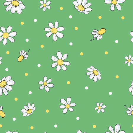 Seamless floral pattern with chamomile flowers. Colorful illustration on green background in sketch style. For packaging and textiles on the summer theme.のイラスト素材