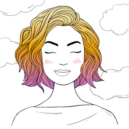 Beautiful woman with colored hair. Colorful vector illustration in sketch style. Hand-drawn.のイラスト素材