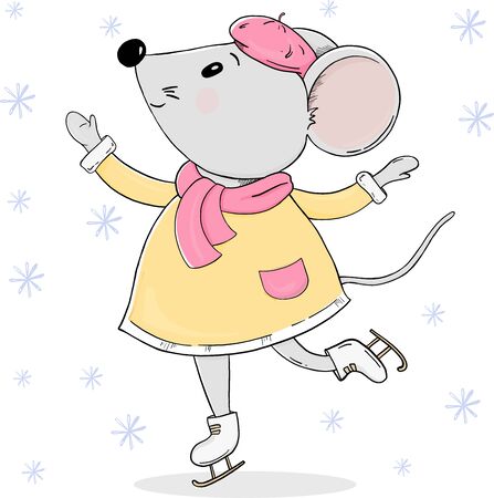 Cute mouse in warm clothes on skates. Colorful vector illustration on white background. Hand-drawn. Greeting card for New year and Christmas.のイラスト素材