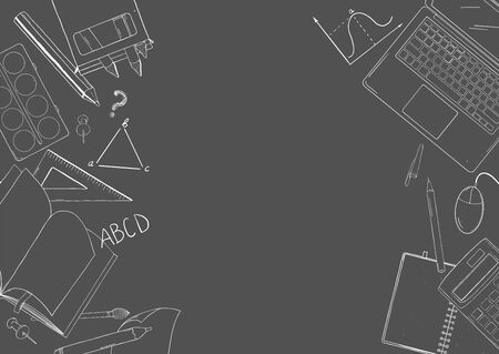 Frame with school stationery and a laptop. Monochrome vector illustration. White chalk on Board. Hand-drawn. Template.のイラスト素材